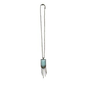 Boho Pendant Necklace Geometric Green Stone & Fringe Detailing Long Bronze Chain